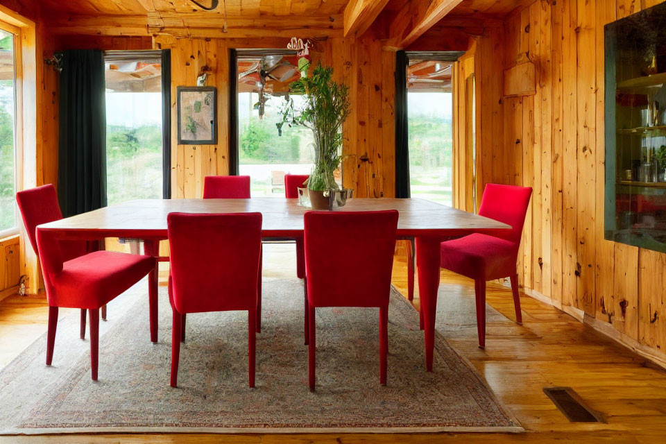 Simple Wooden Dining Room with Red Chairs & Large Windows