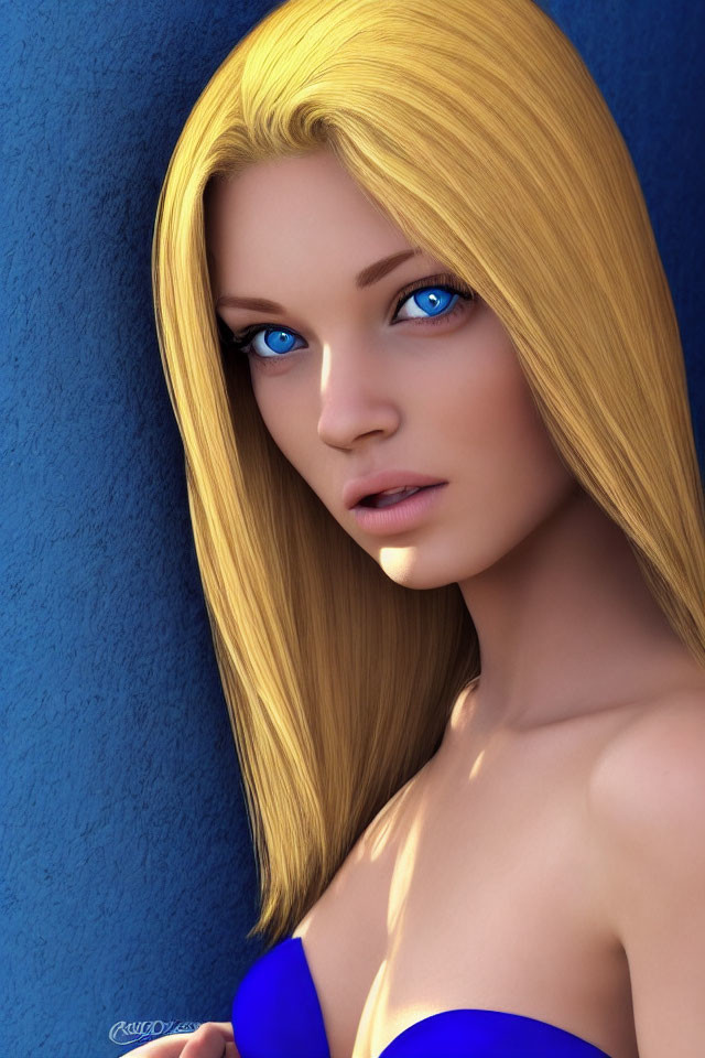 Blonde Woman with Blue Eyes in Blue Strap Detail Against Textured Background