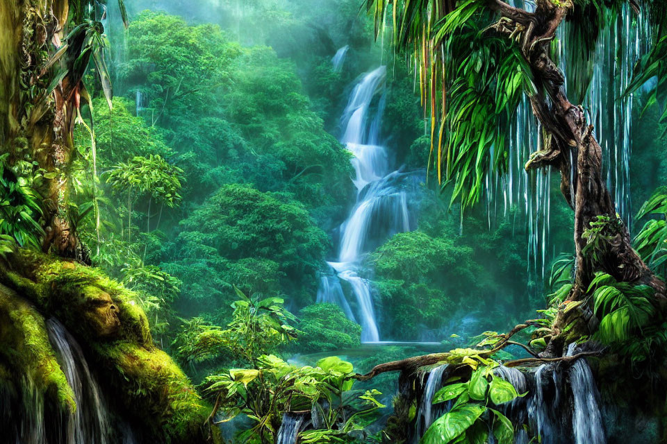 Lush Green Tropical Forest with Cascading Waterfall