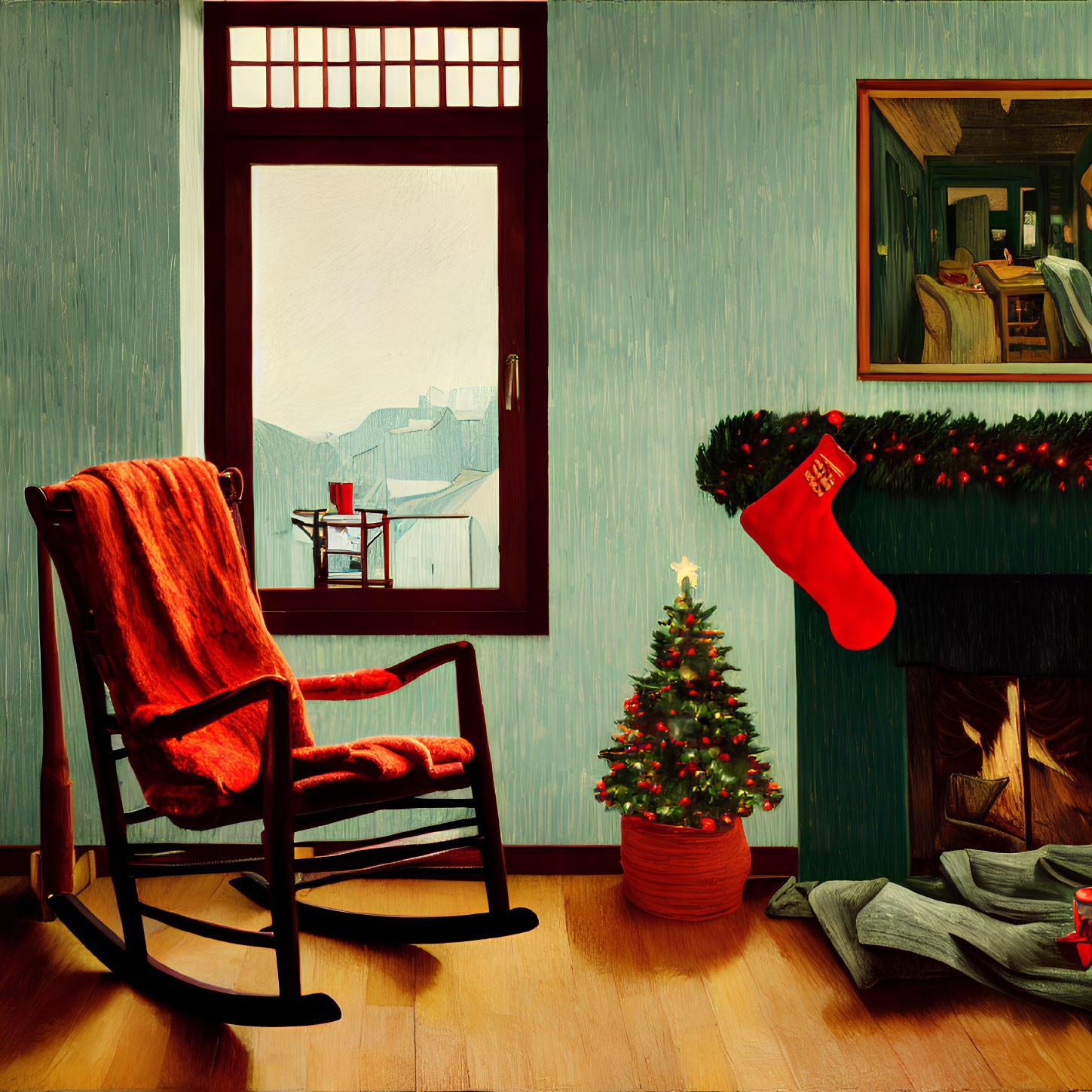 Christmas-themed room with rocking chair, tree, fireplace, snowy window