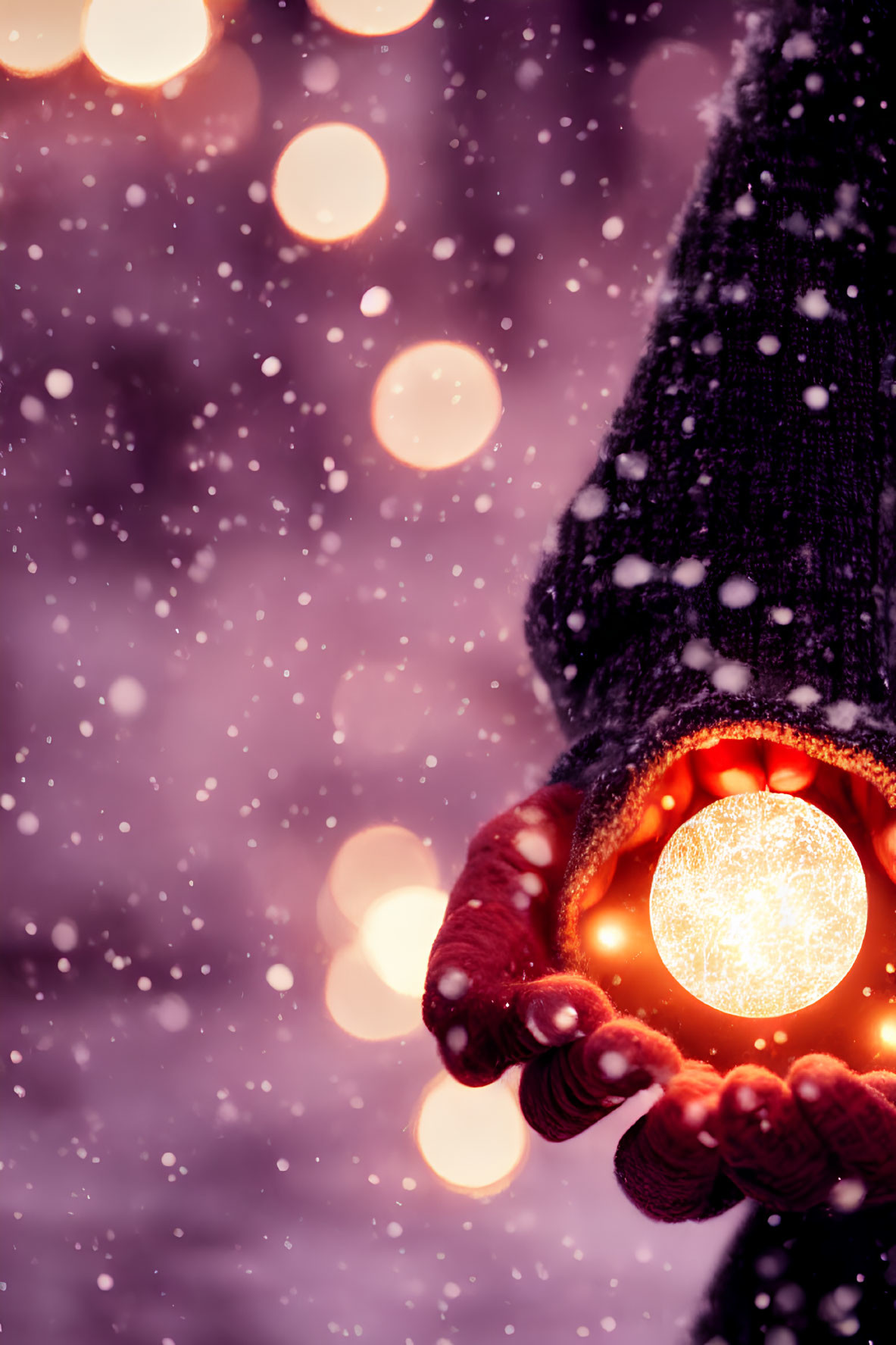 Person holding glowing orb in snowy backdrop with bokeh light circles