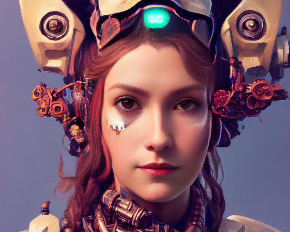 Futuristic digital artwork of woman with robotic headgear and blue eyes