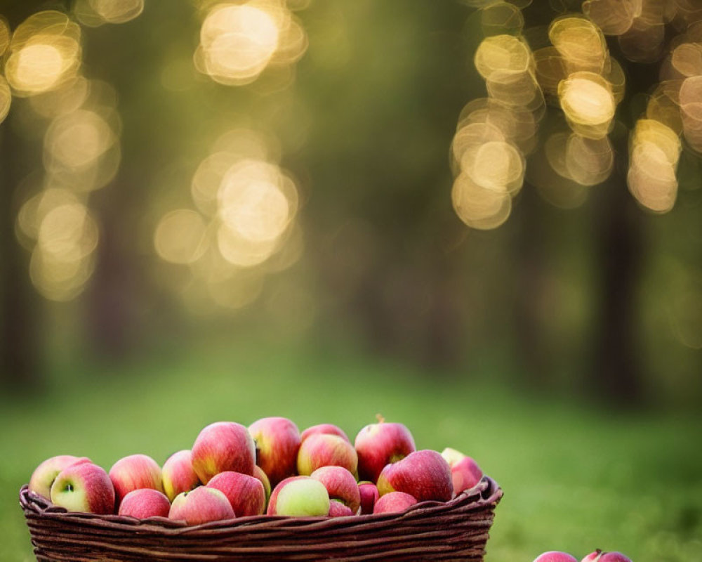 Basket of Red Apples in Green Environment with Soft Bokeh Light