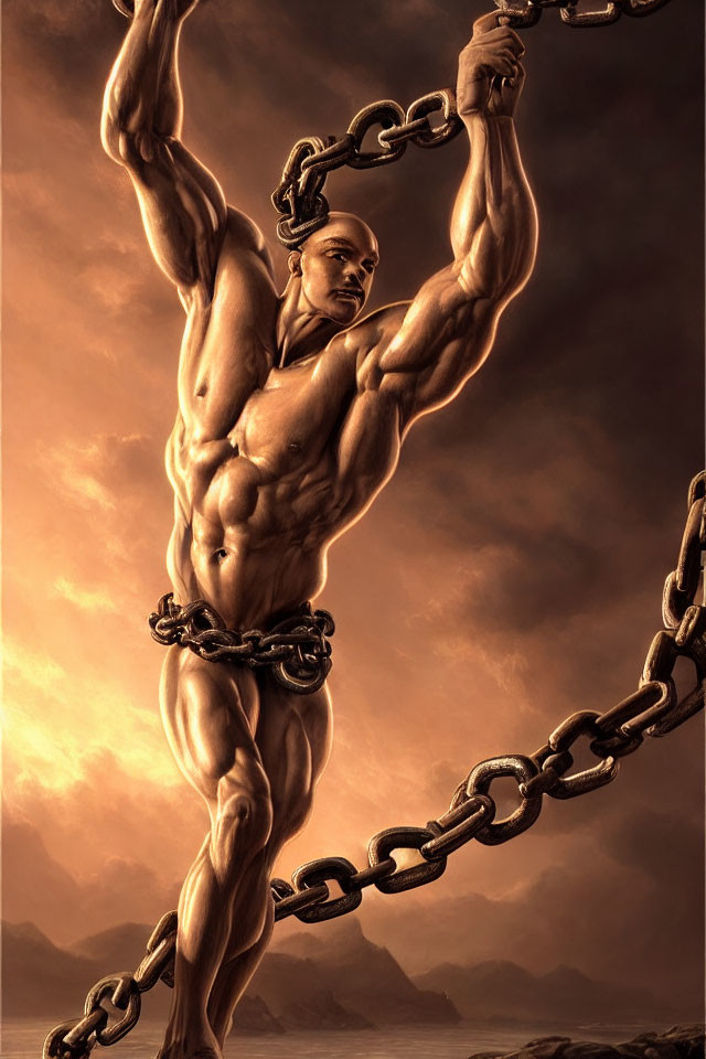 Dramatic sky backdrop with muscular man in chains