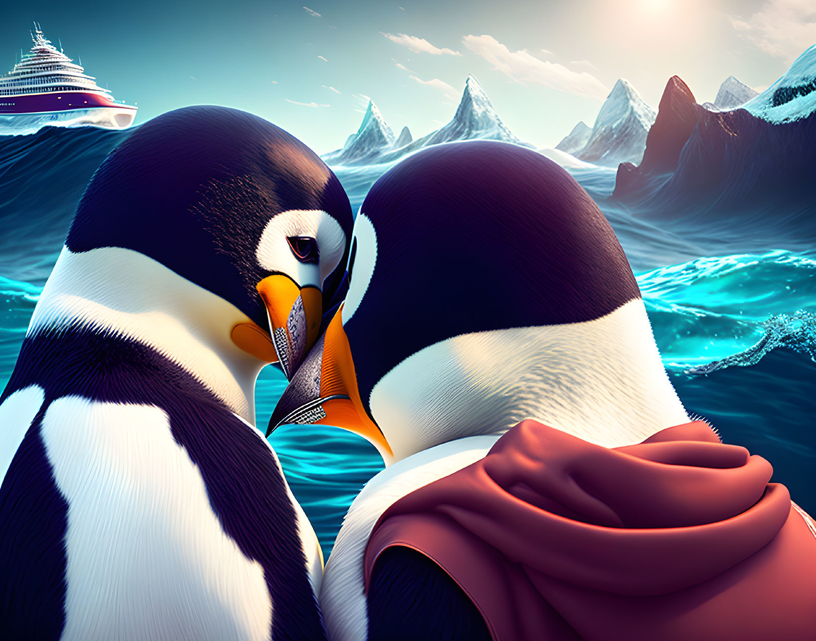 Animated penguins touching beaks with ocean, icebergs, and cruise ship in background