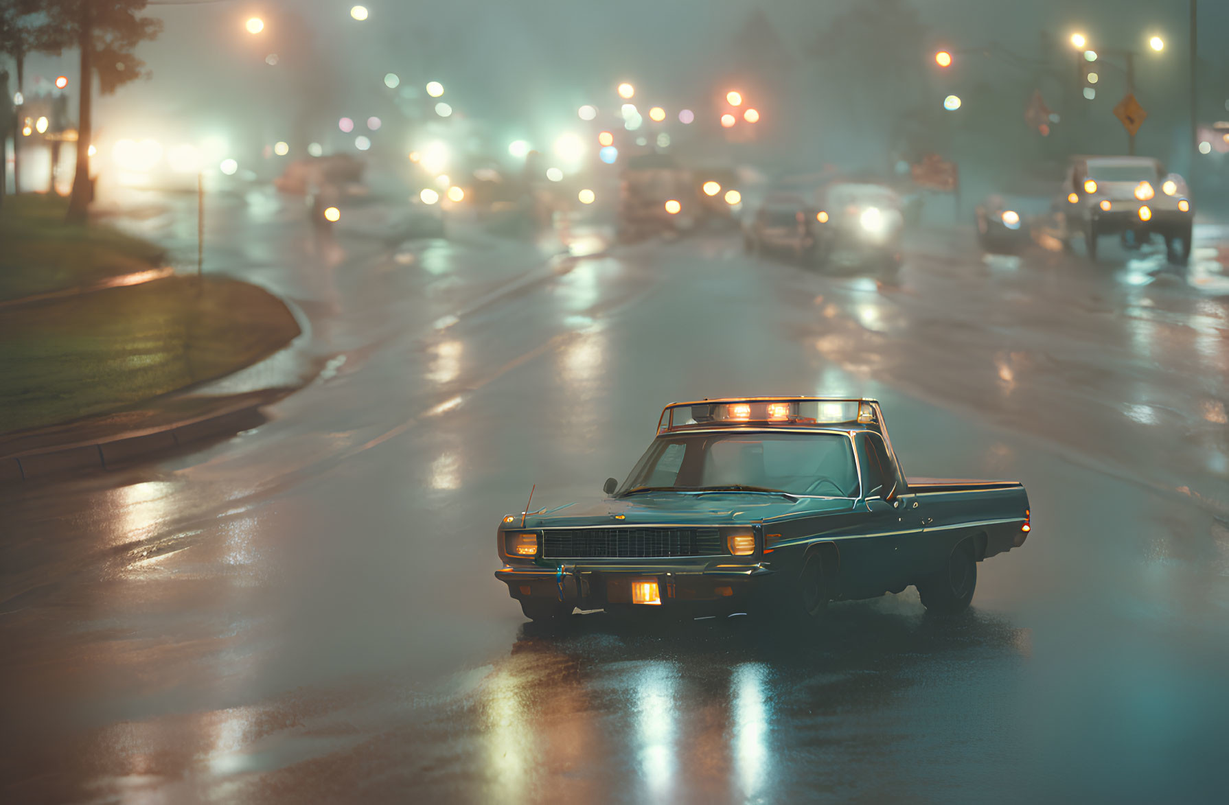 Classic Car Night Scene with Wet City Street & Blurred Traffic