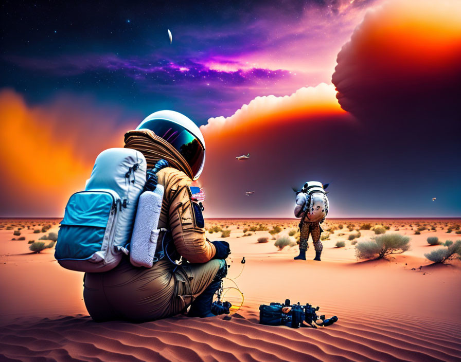 Astronauts on desert landscape with dramatic skies and spaceship.