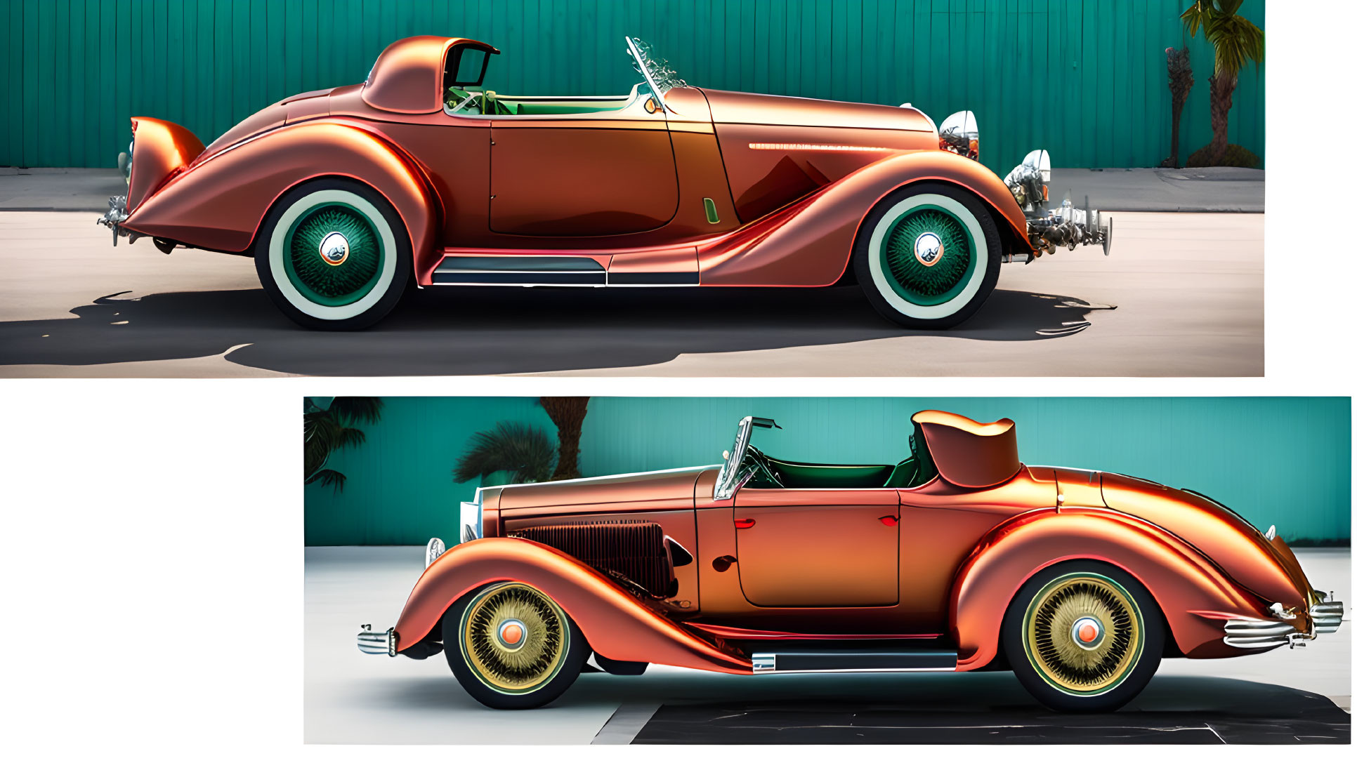 Vintage Convertible Car with Orange and Yellow Details Parked by Teal Wall