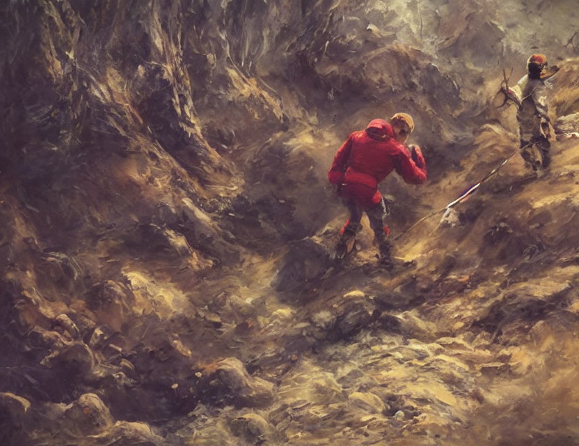 Two Climbers in Red Jackets Ascending Rugged Rocky Slope