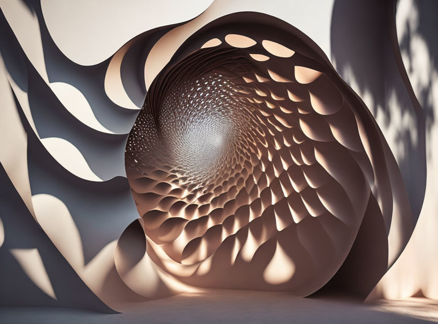 Spiraling Tunnel with Patterned Cutouts in Abstract Paper Art