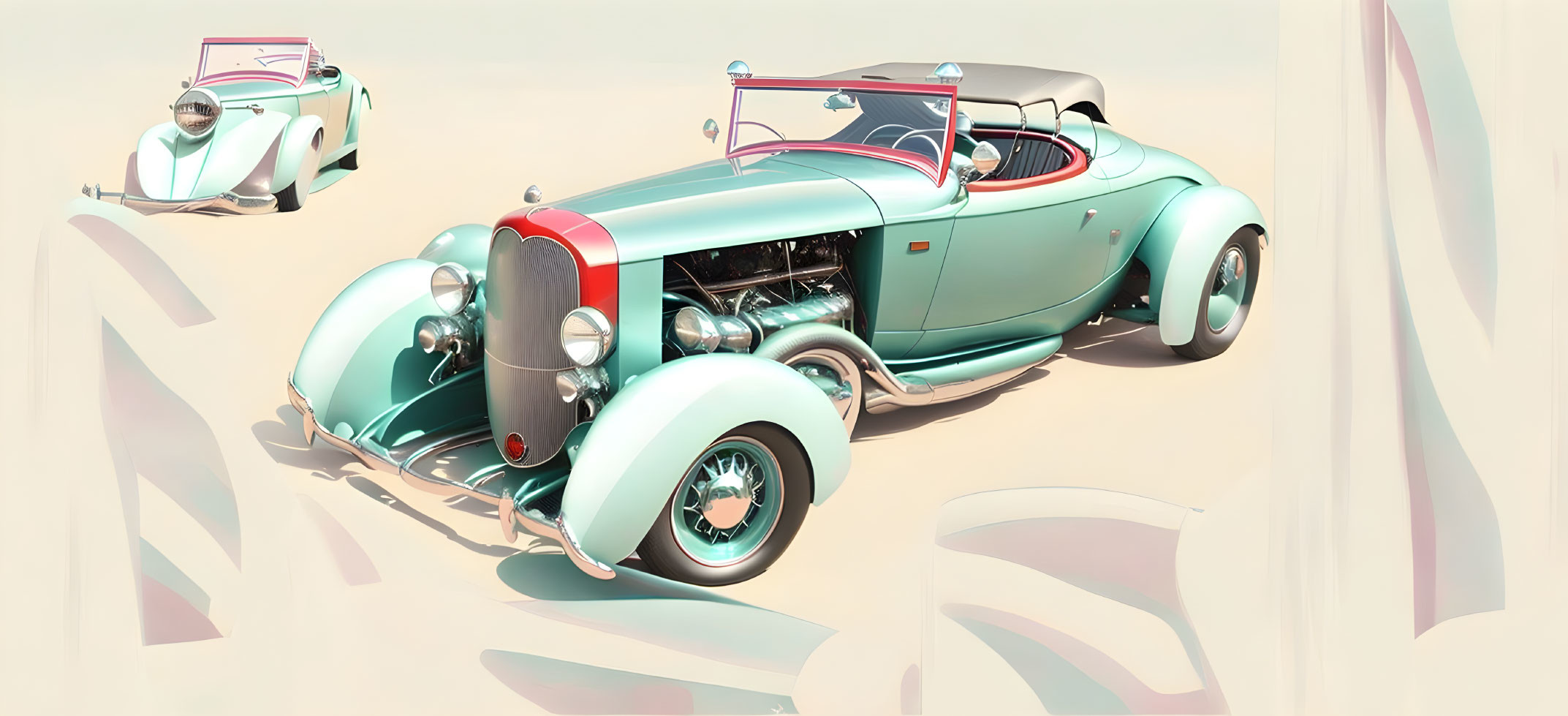 Vintage Teal and White Convertible Car with Exposed Engine on Abstract Beige Background