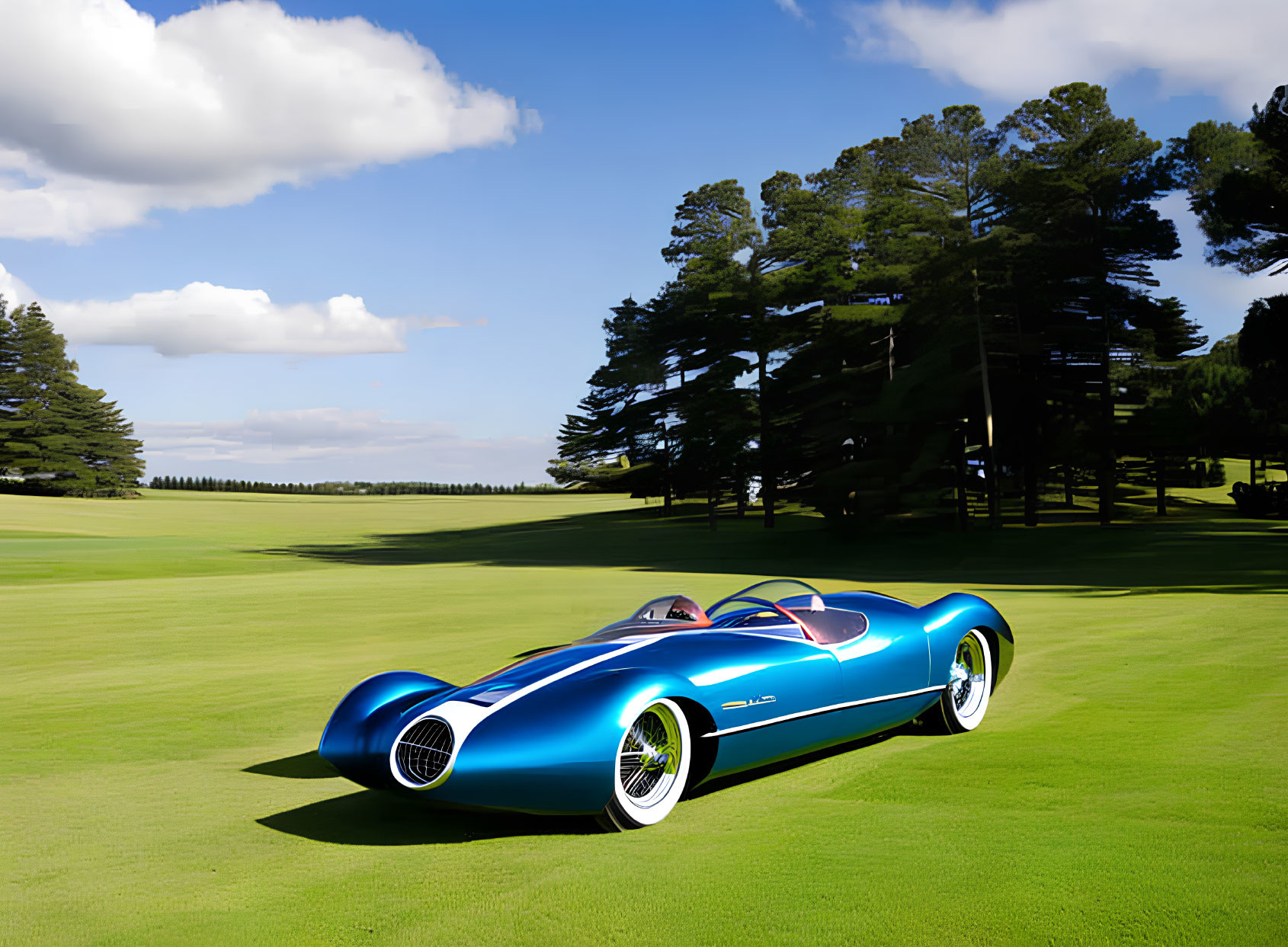 Vintage blue convertible race car with white stripes and spoke wheels on green lawn.