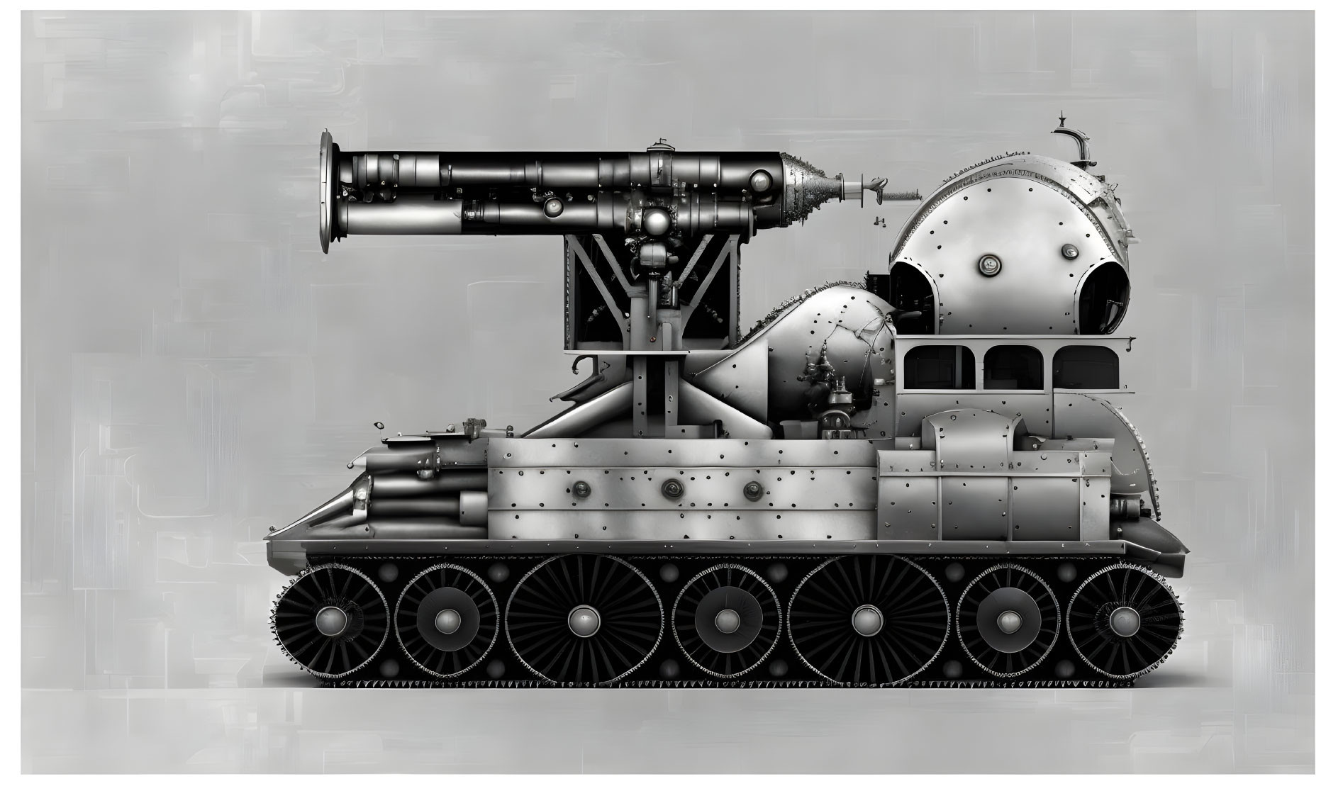 Monochrome illustration of steam-powered armored vehicle