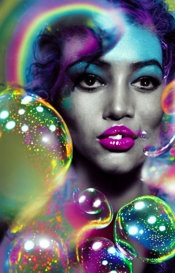 Vibrant makeup woman portrait with iridescent soap bubbles on dark background