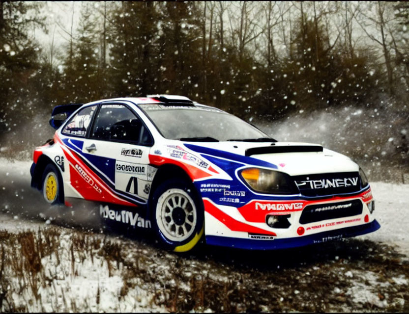 Sponsor-decaled rally car speeds through snowy forest path