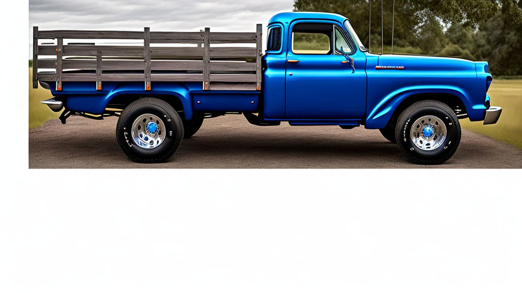 Vintage Blue Pickup Truck with Wooden Flatbed on Paved Road