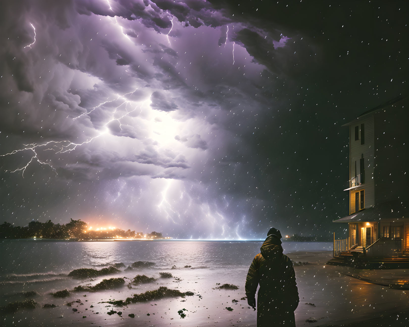 Dramatic thunderstorm over beachside house with lightning and starry sky