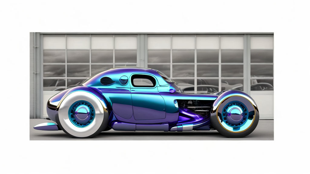 Custom Hot Rod with Purple and Blue Paint on Industrial Background