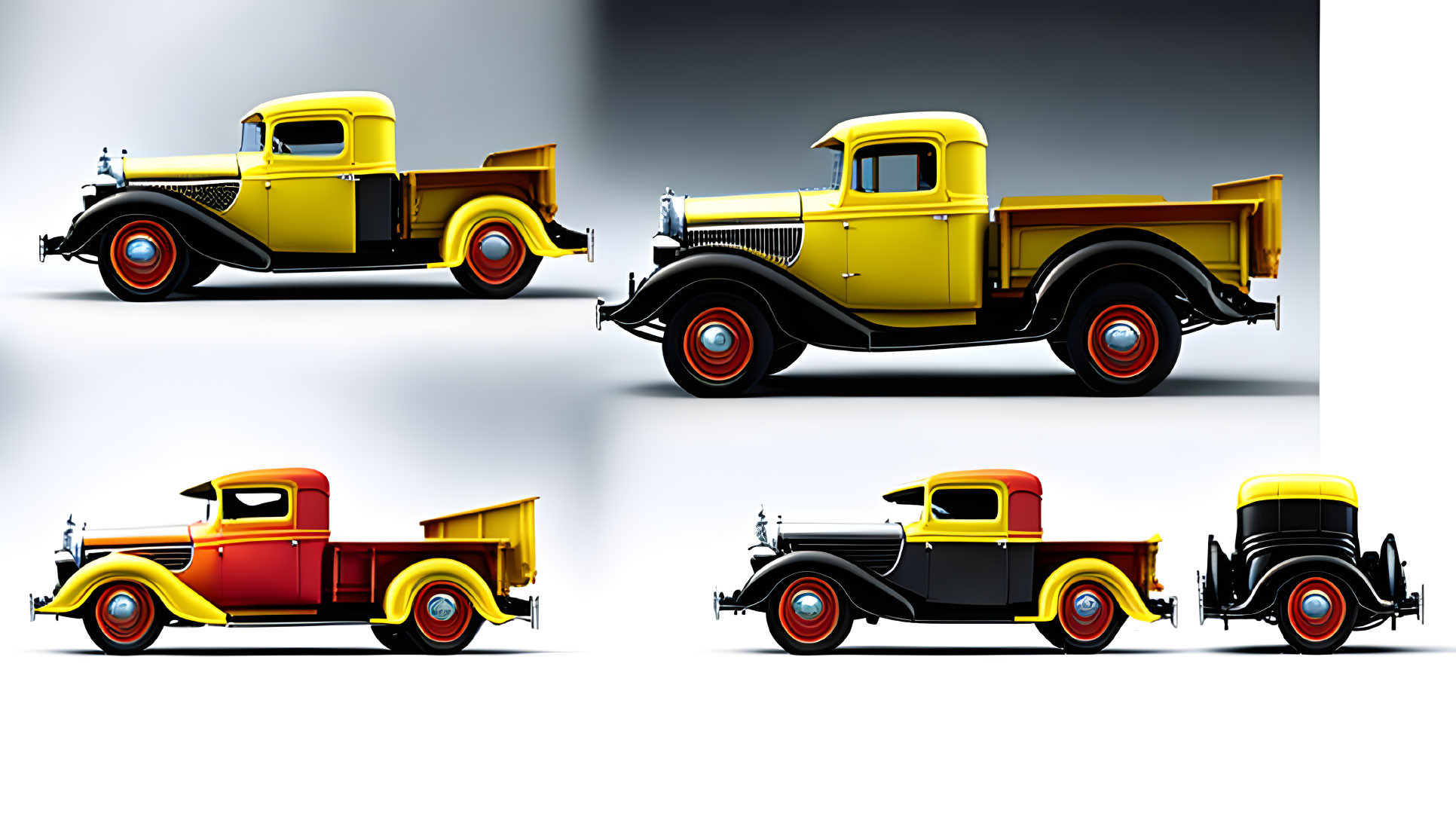 Vintage Yellow Pickup Truck with Red Trim and White-Wall Tires in Four Views