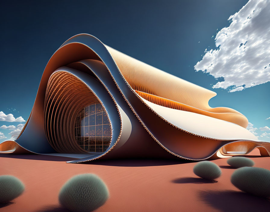 Futuristic wavy building in desert landscape with spherical objects