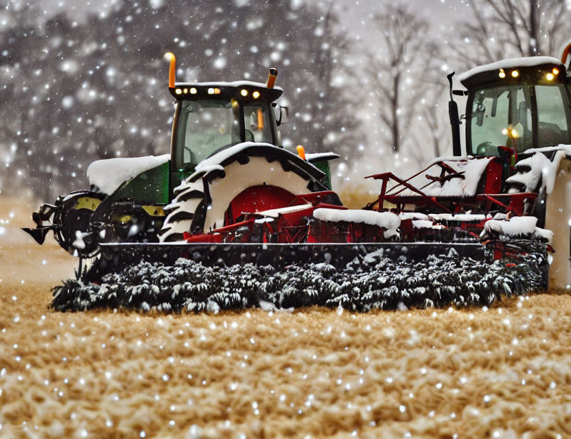 Snowy field scene with two tractors and agricultural attachments.