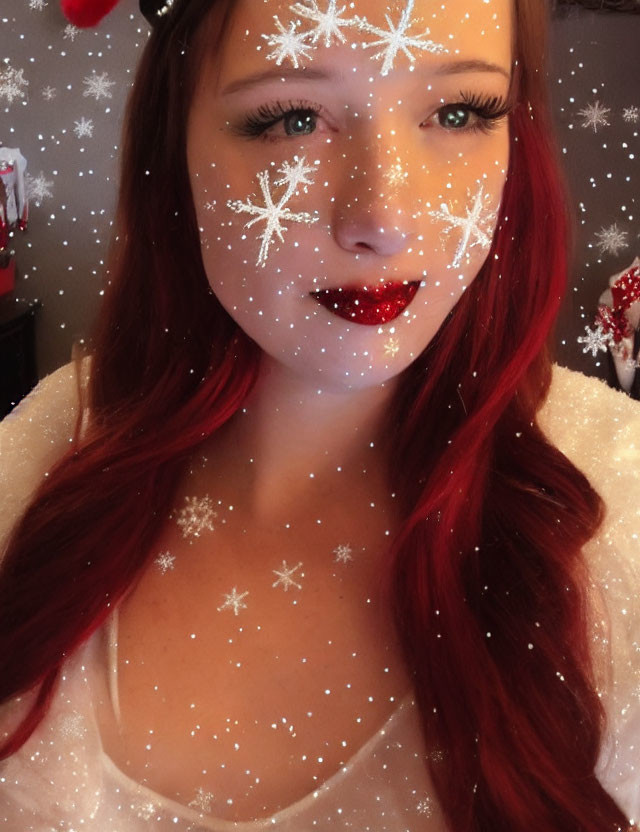 Red-haired woman with snowflake graphics and glittery lips in festive winter theme