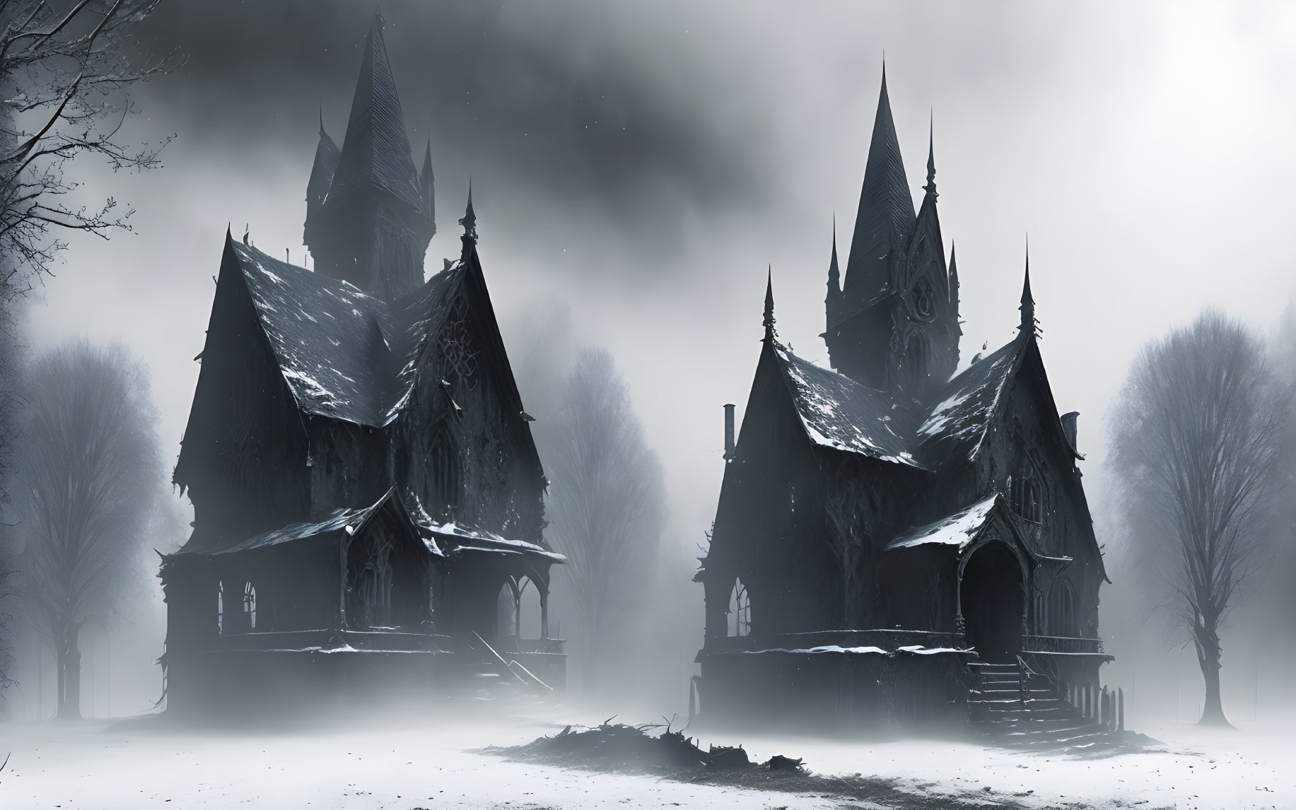 Gothic-style churches in winter landscape with snow and mist