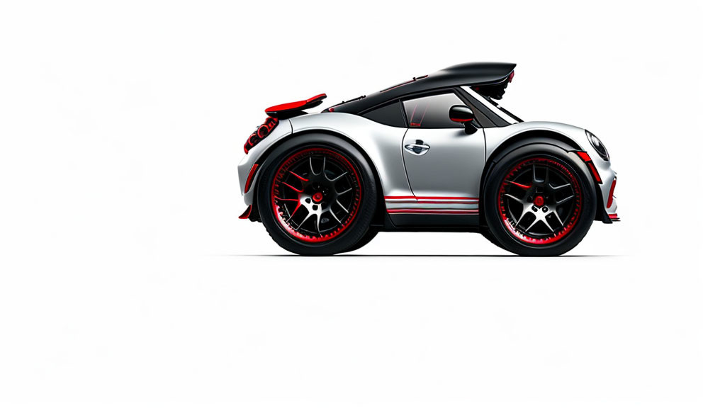 Black Sports Car with Red Accents and Large Rear Spoiler on White Background