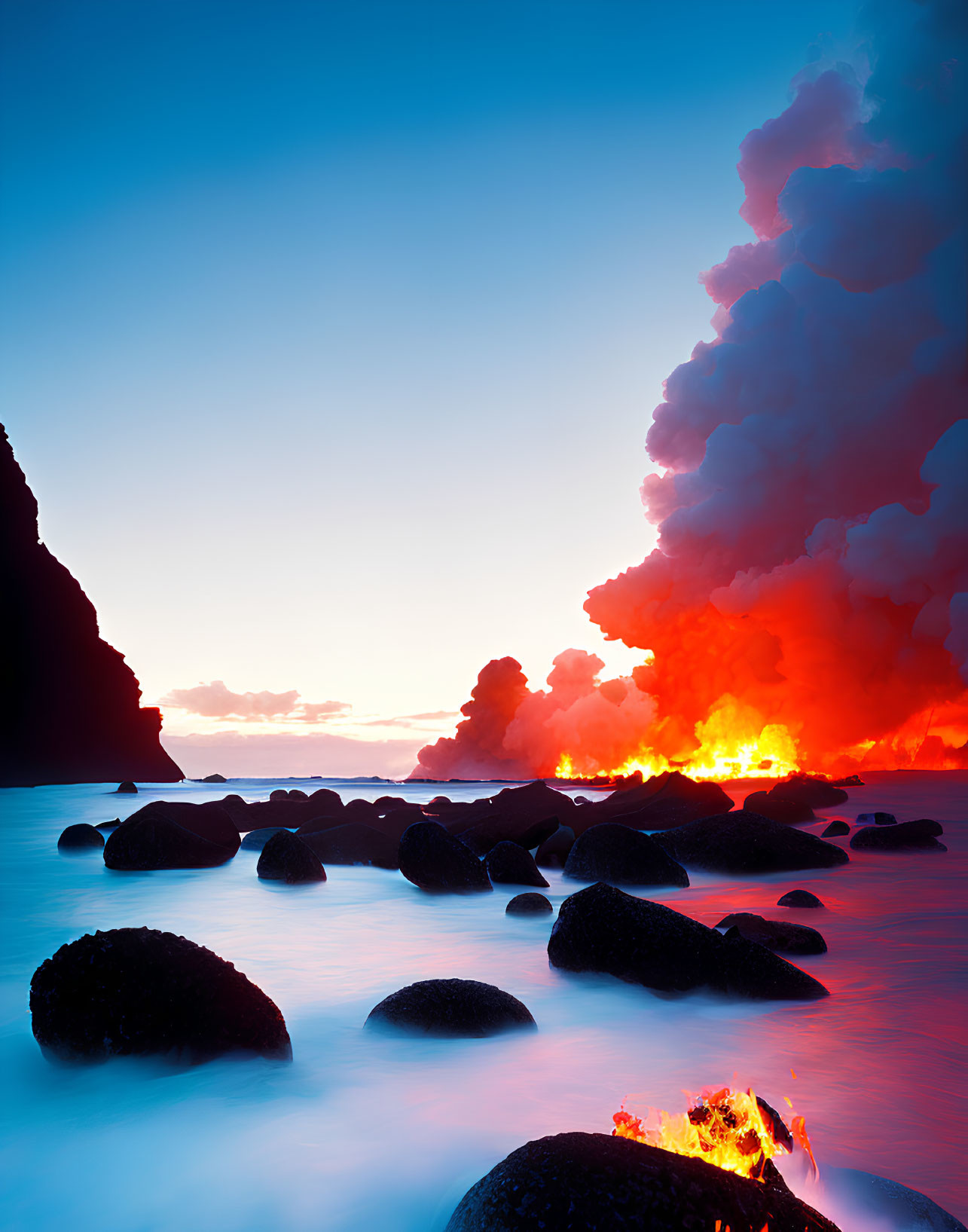 Dusk volcanic eruption with lava meeting sea, billowing smoke, serene twilight to night sky