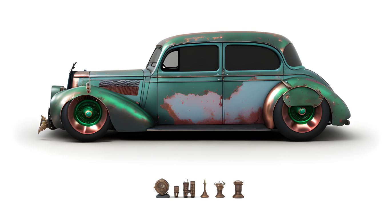 Vintage Green Car with Rust and Custom Wheels on White Background with Small Objects