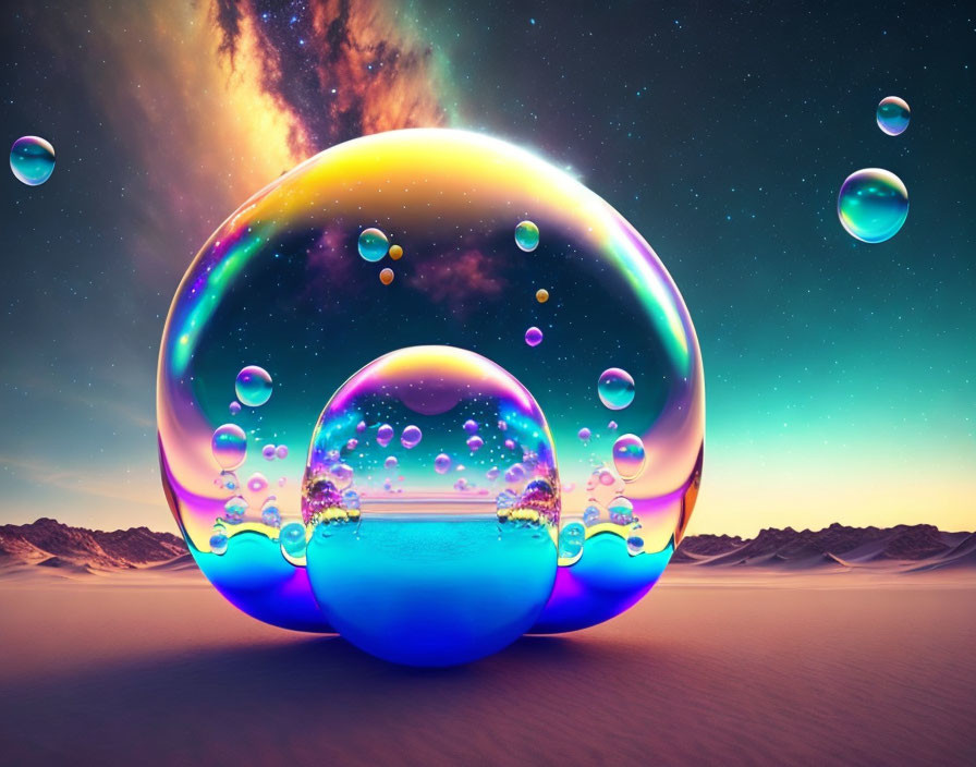 Colorful iridescent bubbles over desert under starry sky.