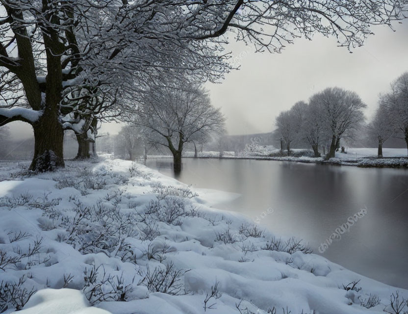 Snowy landscape with frozen river and frosted trees