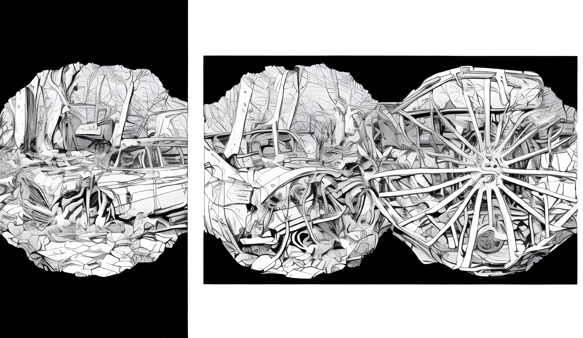 Circular Artistic Renditions: Crushed Car Parts and Debris in Greyscale Tones