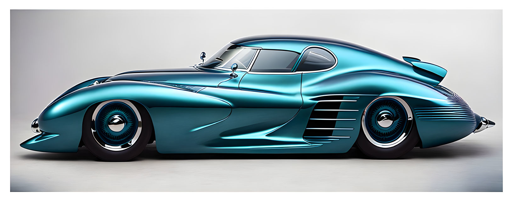 Retro-futuristic car with turquoise body and art deco details