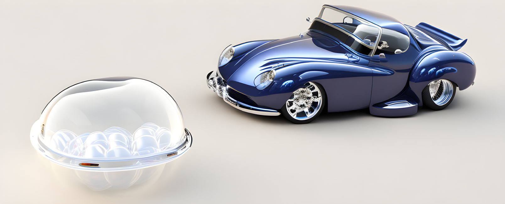 Futuristic blue car parked next to transparent bubble structure