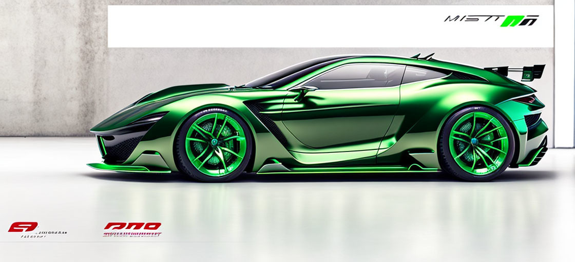 Futuristic green sports car showcased in showroom with brand logos