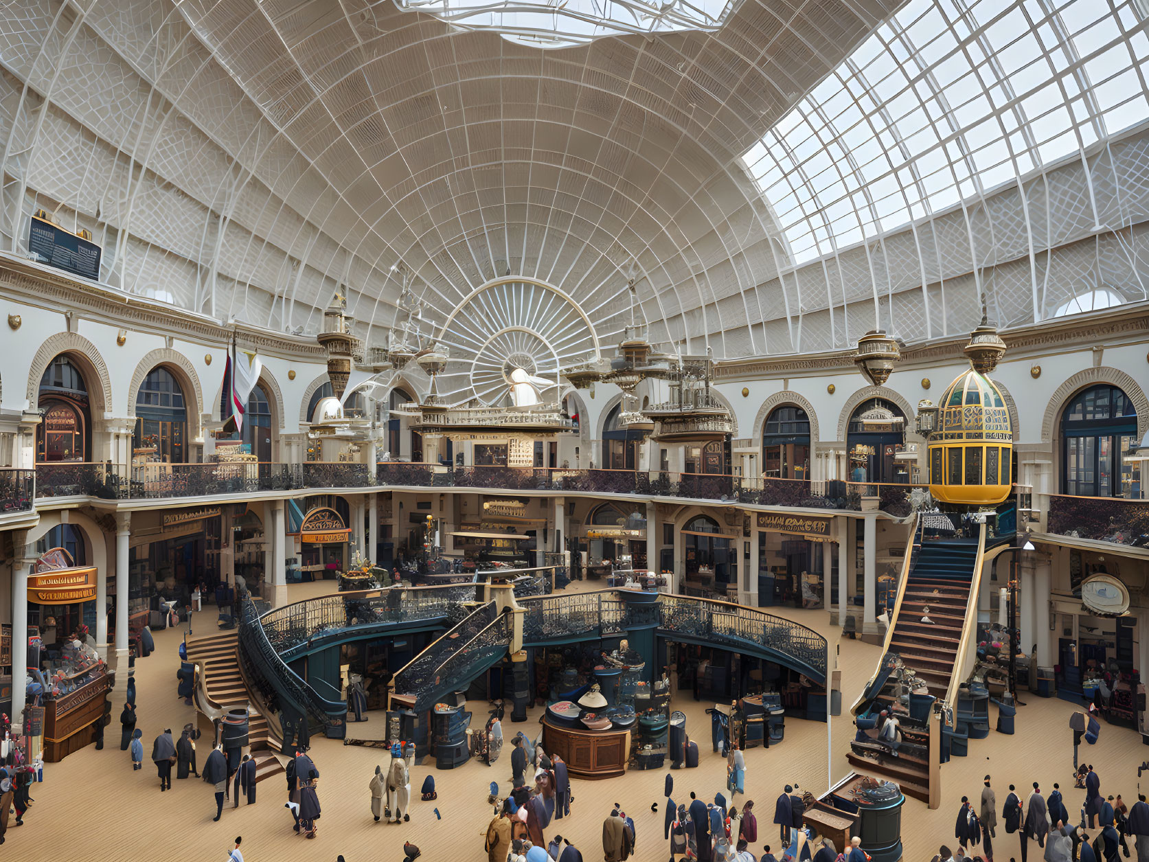 Victorian-era shopping gallery with glass roof and ornate balustrades