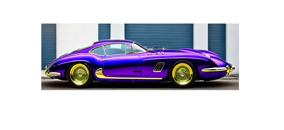 Classic Purple Sports Car with Yellow Accents and Racing Stripes Parked in Front of Building