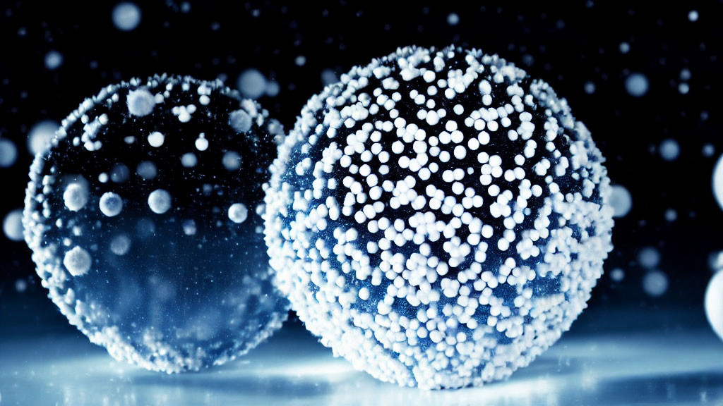 Blue illuminated spheres with bead-like textures on dark background with falling snowflakes