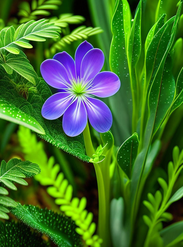 Vibrant purple flower with white center in lush green foliage