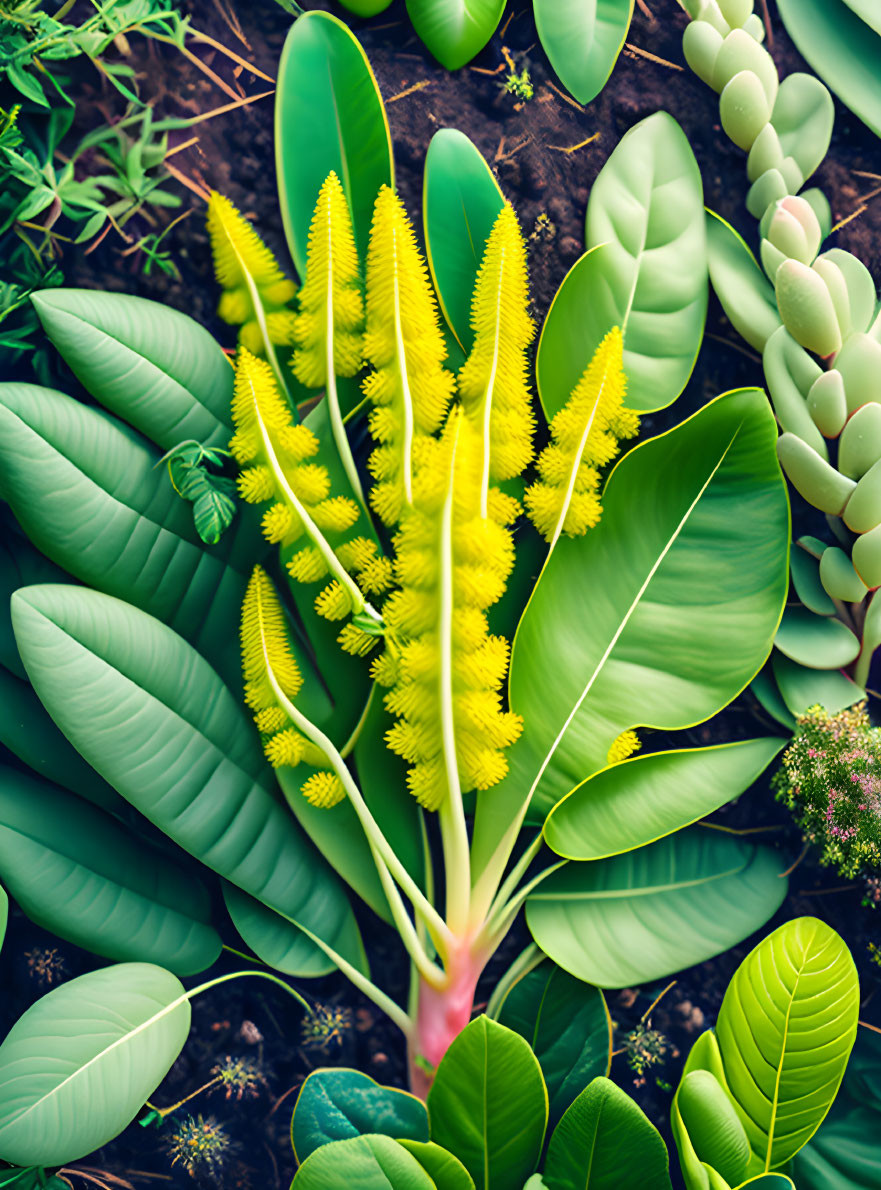 Bright Yellow Spiky Flowers with Green Leaves and Foliage