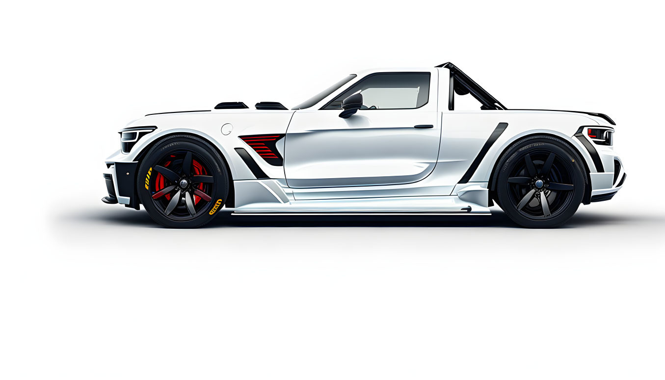 Custom white sports car with convertible body, black rims, red calipers