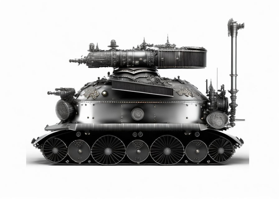 Detailed Steampunk-Style Tank with Metallic Designs on White Background