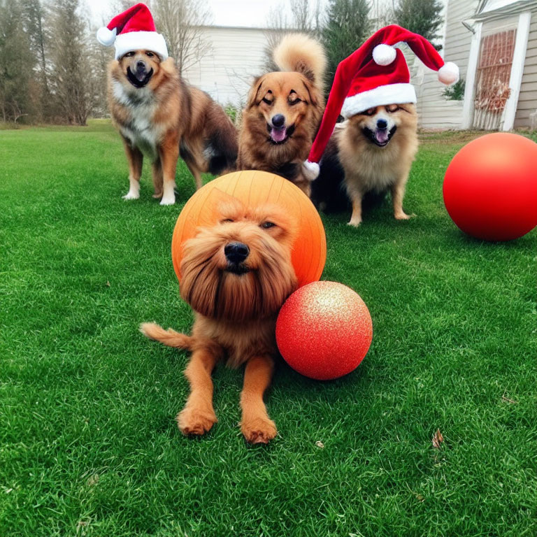 Four Dogs in Santa Hats with Orange Ball and Red Ornaments on Grass