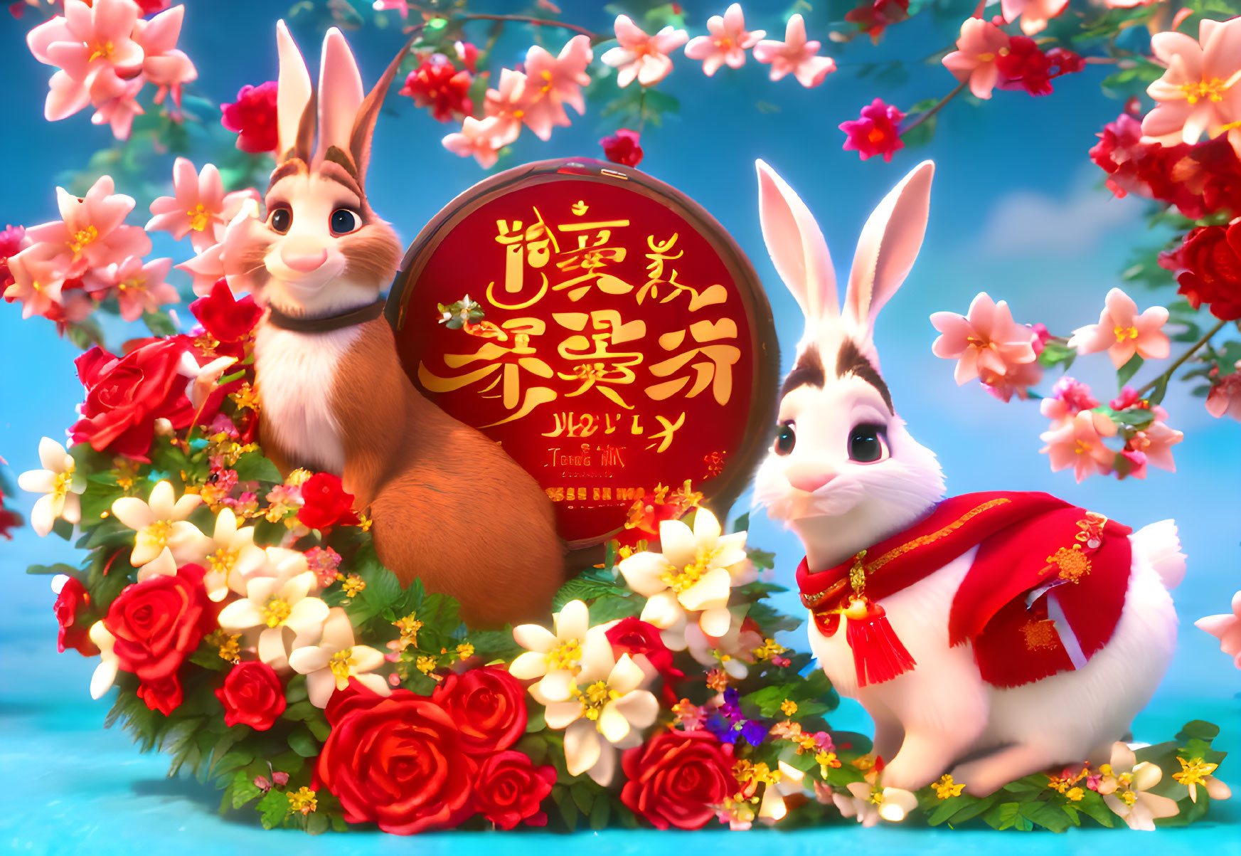 Colorful Flowers Surround Two Animated Rabbits Under Blue Sky