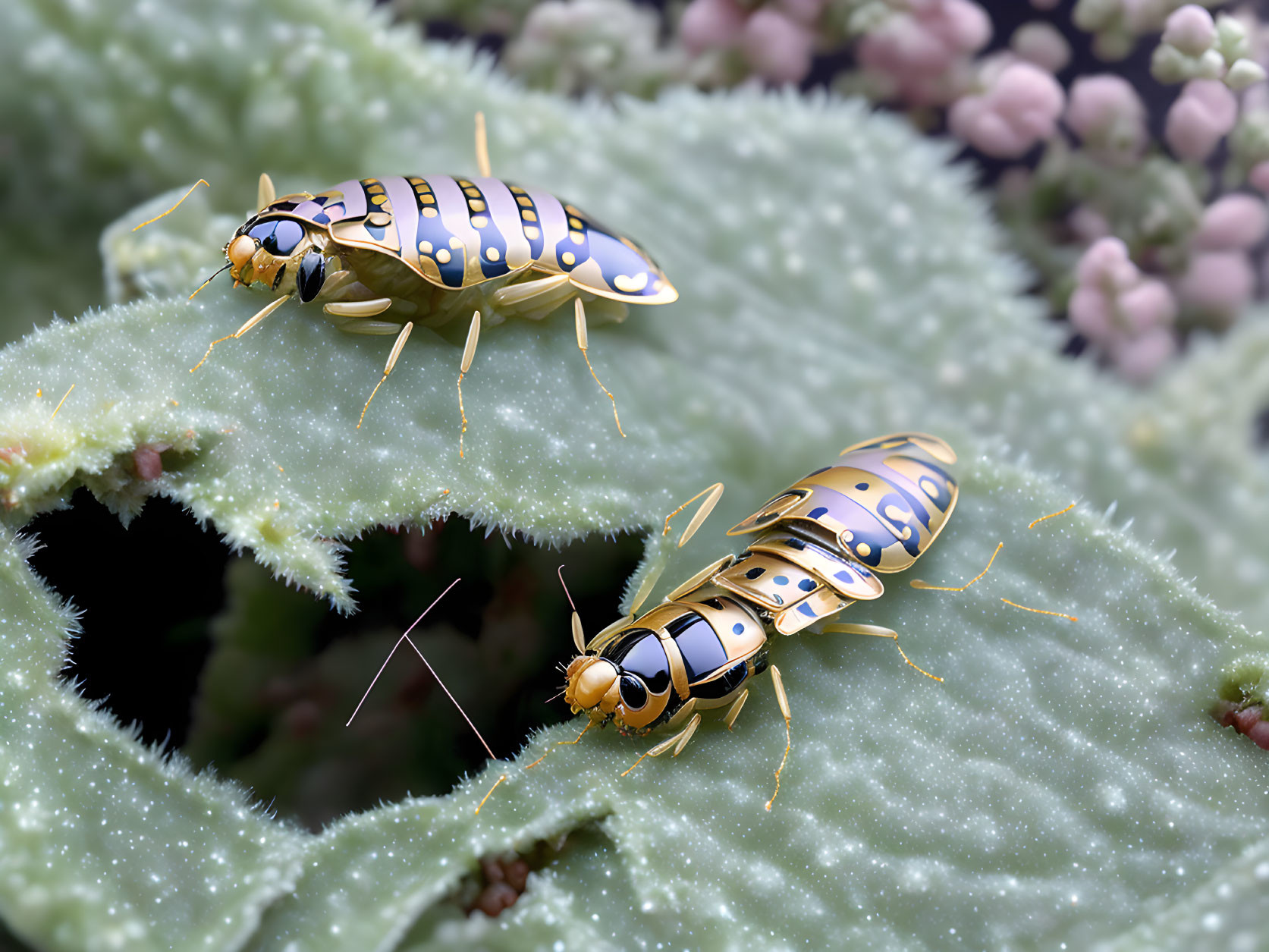 Yellow and Black Striped Insects on Fuzzy Green Plant with Pink Flowers