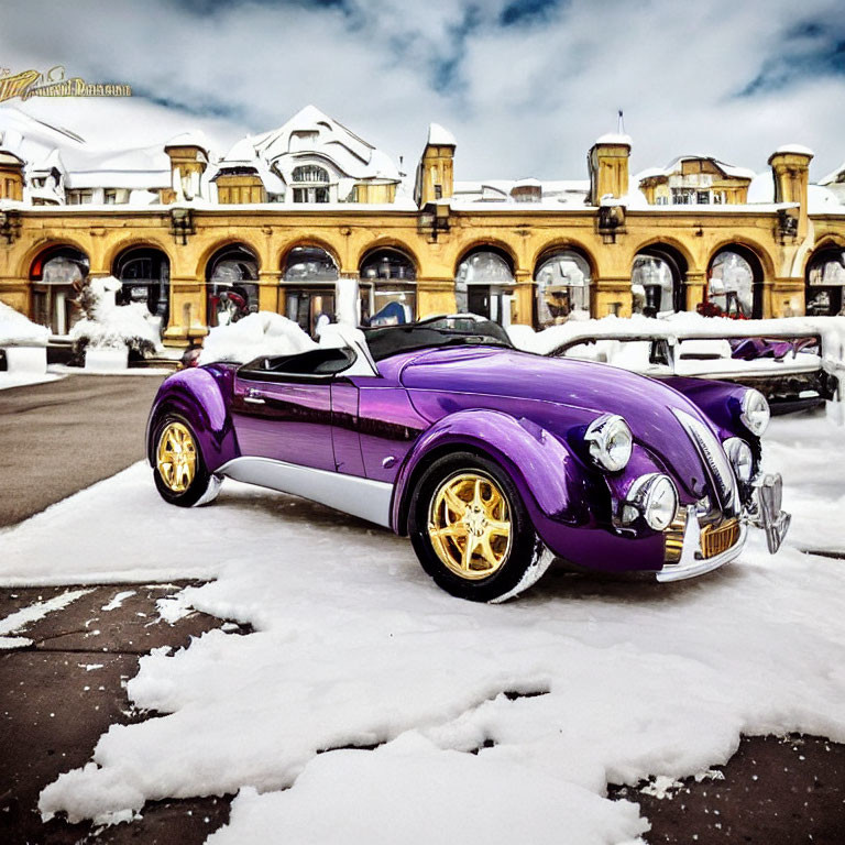 Purple Vintage Car with Golden Wheels Parked in Snow in Front of Ornate Yellow Building