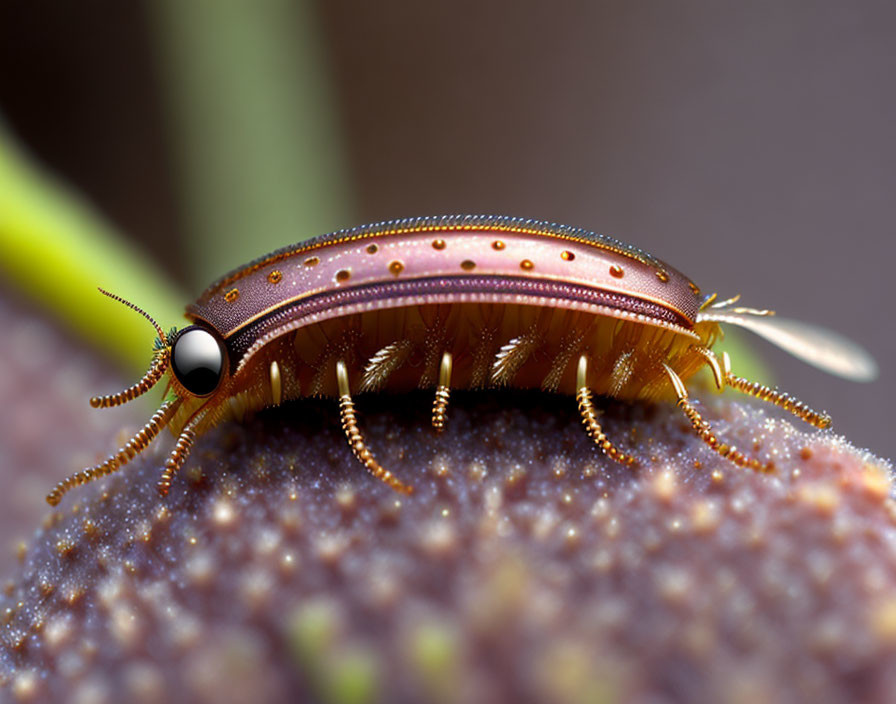 Colorful Close-Up Image of Millipede with Detailed Texture on Segmented Body Walking on Leaf