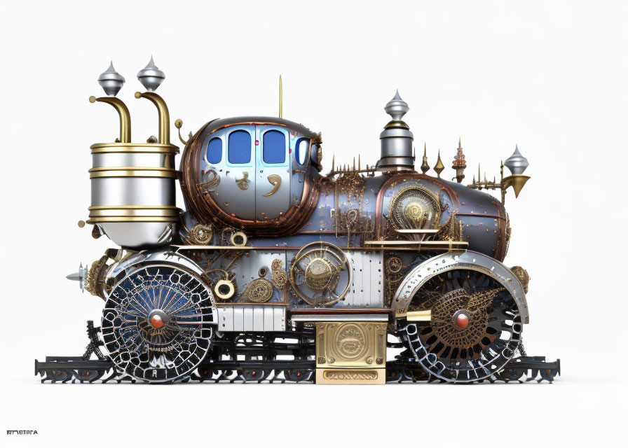 Detailed steampunk-style train illustration with brass and metalwork on white background