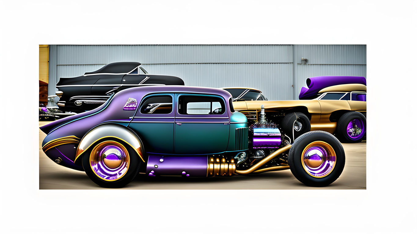 Custom hot rods with flamboyant paint jobs and chrome finishes parked in front of an industrial building